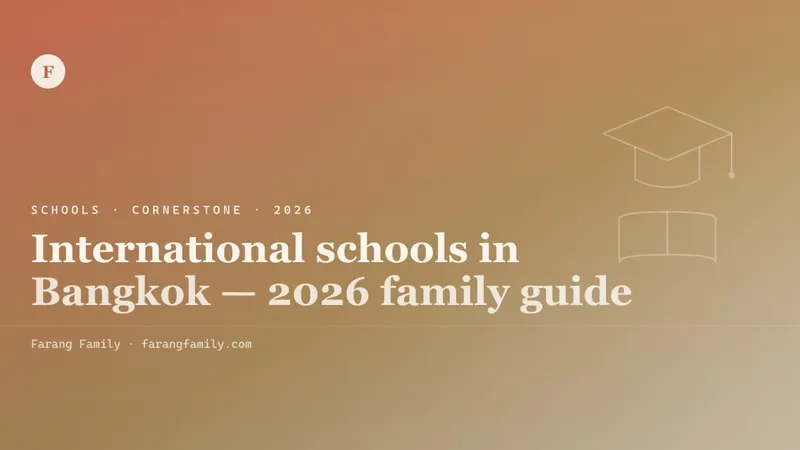 A Bangkok kitchen-table international school decision — a tuition-fees printout, a city map with circled neighborhoods, a notebook listing four curricula and two kids' names, a half-drunk coffee, in soft late-afternoon light.