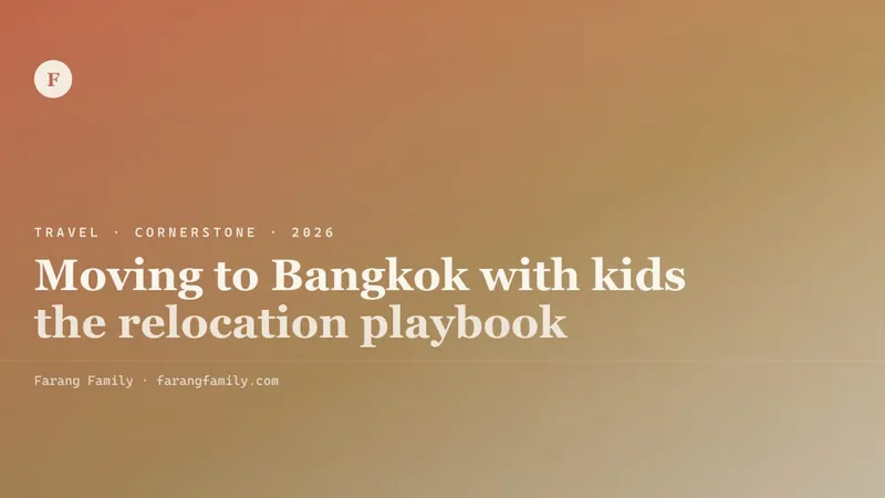A spread of relocation paperwork — passports, an offer letter, a Bangkok rental shortlist, and a school application packet — on a kitchen table in afternoon light, with a child's drawing pinned to the corner of the frame.