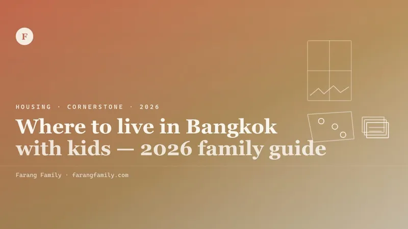 An expat family standing at a serviced-apartment window in Phrom Phong, school admit letter in hand and a tablet showing a Bangkok rental map with three neighborhoods circled, warm late-afternoon light over the BTS skyline.